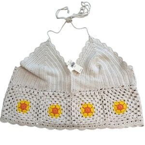 Aerie Crochet Floral Granny Square Halter Top Cream XL 078-1784-2747 NWT